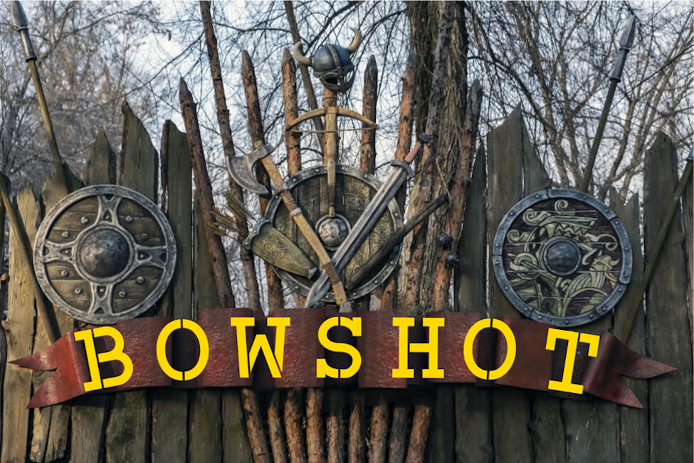 Bowshot fort entrance with bow, arrow and shields emblem.